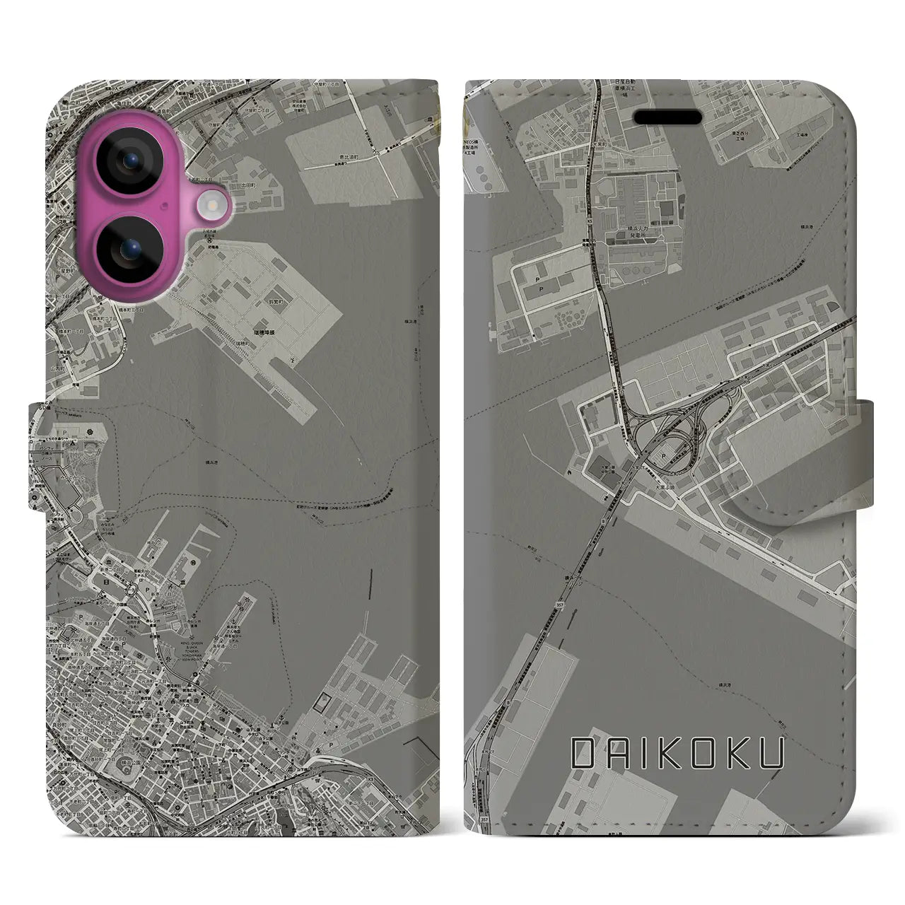 【大黒（神奈川県）】地図柄iPhoneケース（手帳タイプ）モノトーン・iPhone 16 Pro 用