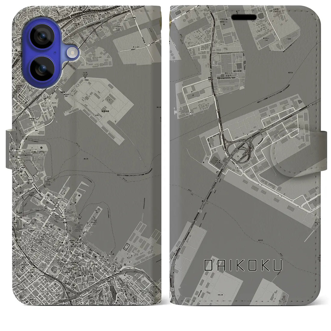 【大黒(神奈川県)】地図柄iPhoneケース(手帳タイプ)モノトーン・iPhone 16 Pro Max 用