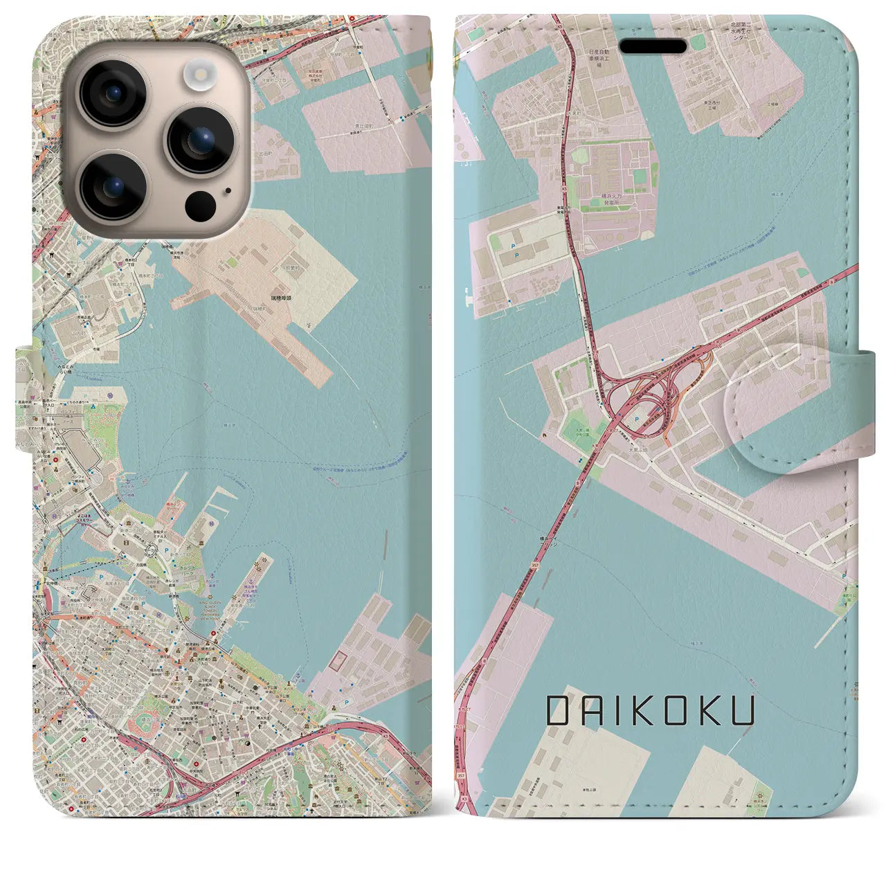 【大黒（神奈川県）】地図柄iPhoneケース（手帳タイプ）ナチュラル・iPhone 16 Plus 用