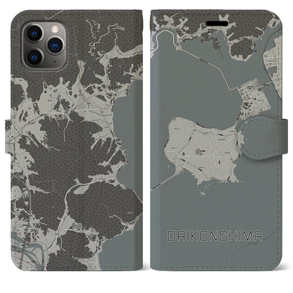 【大根島（島根県）】地図柄iPhoneケース（手帳タイプ）モノトーン・iPhone 11 Pro Max 用