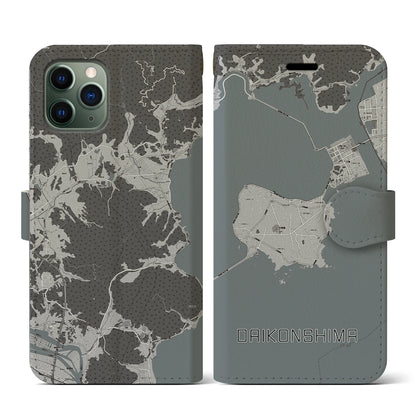 【大根島（島根県）】地図柄iPhoneケース（手帳タイプ）モノトーン・iPhone 11 Pro 用