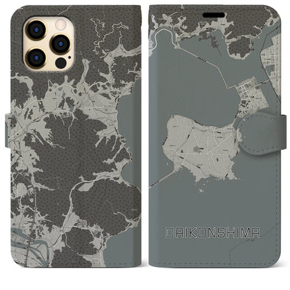 【大根島（島根県）】地図柄iPhoneケース（手帳タイプ）モノトーン・iPhone 12 Pro Max 用