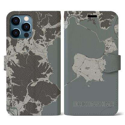 【大根島（島根県）】地図柄iPhoneケース（手帳タイプ）モノトーン・iPhone 12 / 12 Pro 用