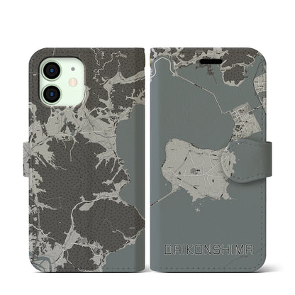 【大根島（島根県）】地図柄iPhoneケース（手帳タイプ）モノトーン・iPhone 12 mini 用