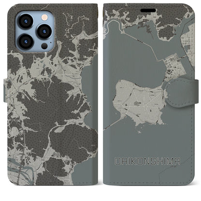 【大根島（島根県）】地図柄iPhoneケース（手帳タイプ）モノトーン・iPhone 13 Pro Max 用