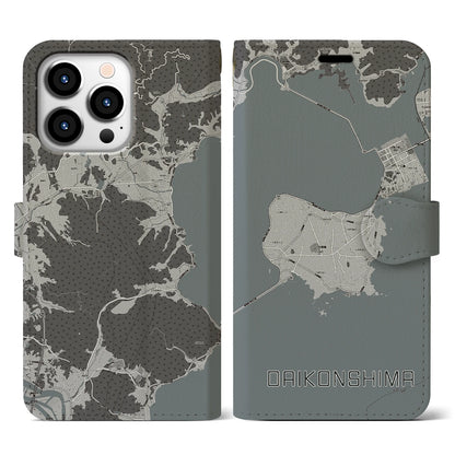 【大根島（島根県）】地図柄iPhoneケース（手帳タイプ）モノトーン・iPhone 13 Pro 用