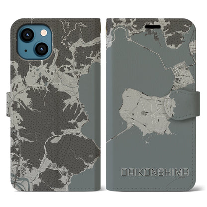 【大根島（島根県）】地図柄iPhoneケース（手帳タイプ）モノトーン・iPhone 13 用