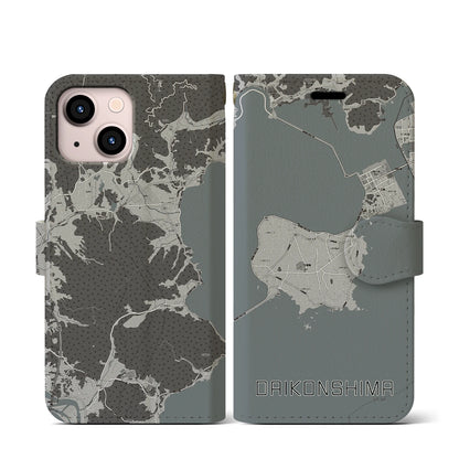 【大根島（島根県）】地図柄iPhoneケース（手帳タイプ）モノトーン・iPhone 13 mini 用
