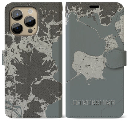 【大根島（島根県）】地図柄iPhoneケース（手帳タイプ）モノトーン・iPhone 14 Pro Max 用