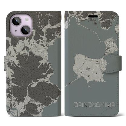 【大根島（島根県）】地図柄iPhoneケース（手帳タイプ）モノトーン・iPhone 14 用