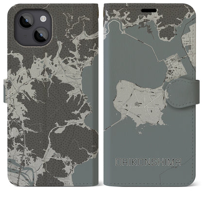 【大根島（島根県）】地図柄iPhoneケース（手帳タイプ）モノトーン・iPhone 14 Plus 用