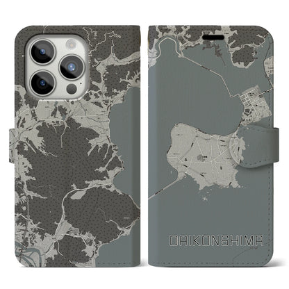 【大根島（島根県）】地図柄iPhoneケース（手帳タイプ）モノトーン・iPhone 15 Pro 用