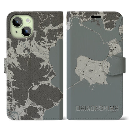 【大根島（島根県）】地図柄iPhoneケース（手帳タイプ）モノトーン・iPhone 15 用