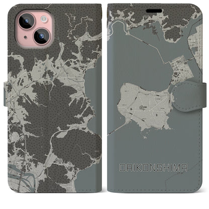 【大根島（島根県）】地図柄iPhoneケース（手帳タイプ）モノトーン・iPhone 15 Plus 用