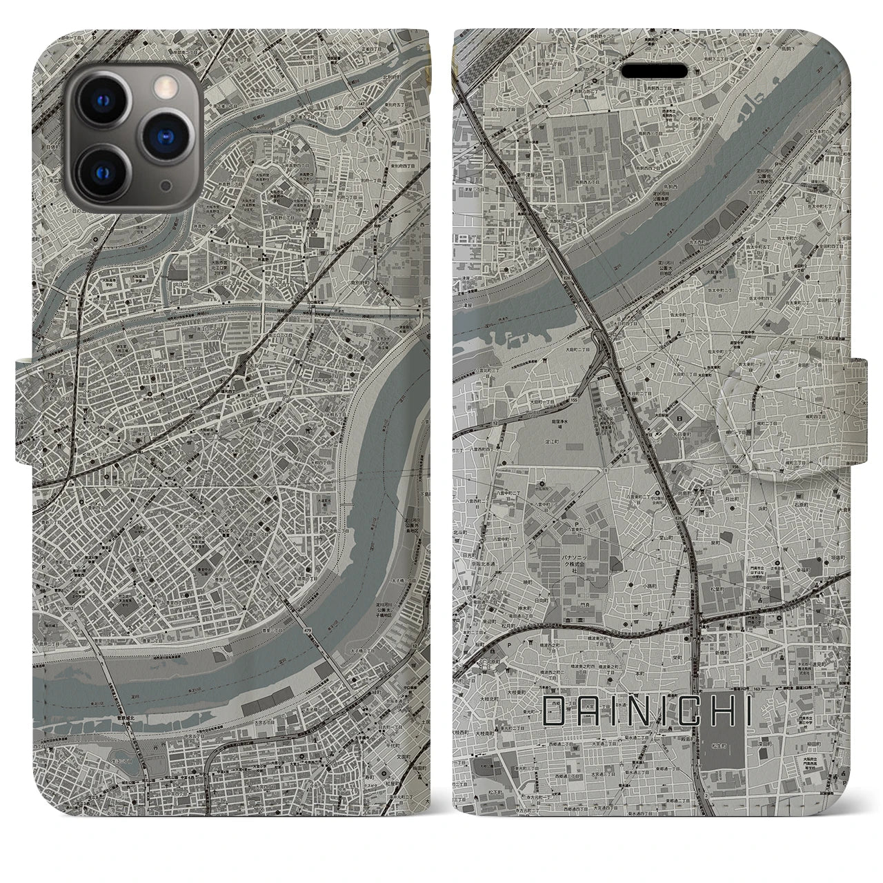 【大日】地図柄iPhoneケース（手帳両面タイプ・モノトーン）iPhone 11 Pro Max 用