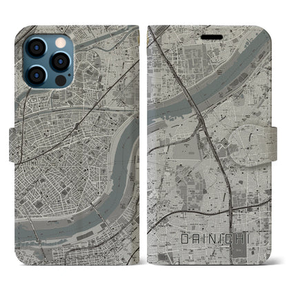 【大日（大阪府）】地図柄iPhoneケース（手帳タイプ）モノトーン・iPhone 12 / 12 Pro 用