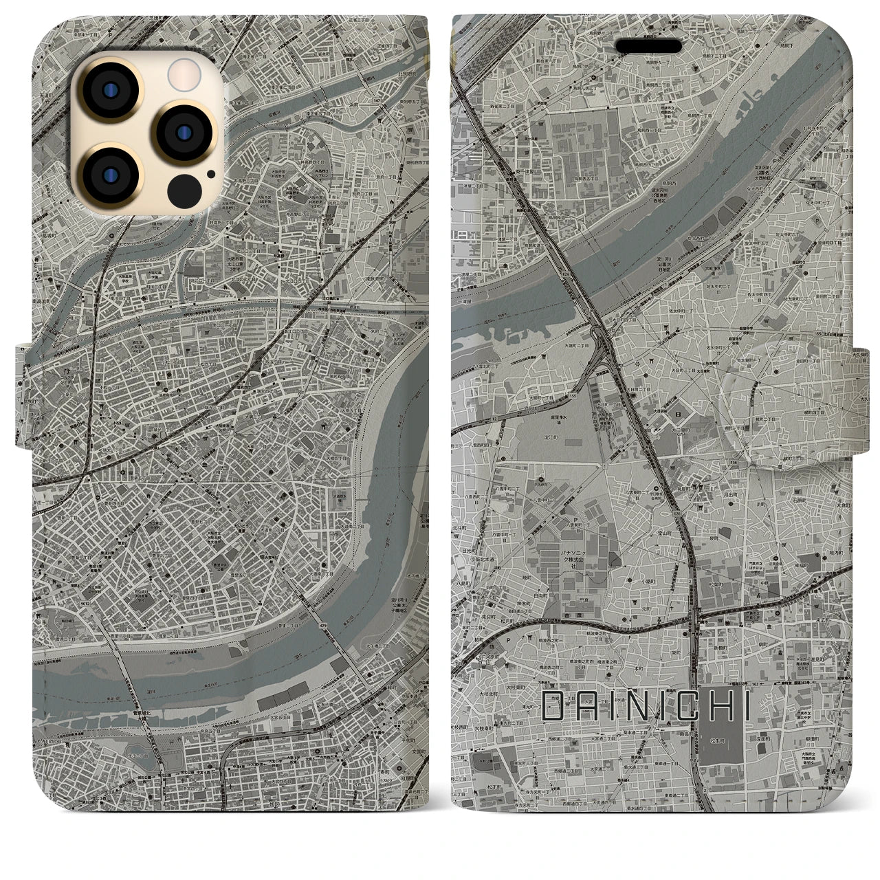 【大日】地図柄iPhoneケース（手帳両面タイプ・モノトーン）iPhone 12 Pro Max 用