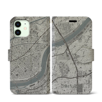 【大日（大阪府）】地図柄iPhoneケース（手帳タイプ）モノトーン・iPhone 12 mini 用