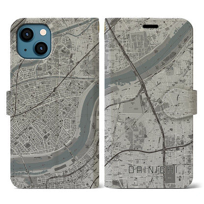 【大日（大阪府）】地図柄iPhoneケース（手帳タイプ）モノトーン・iPhone 13 用