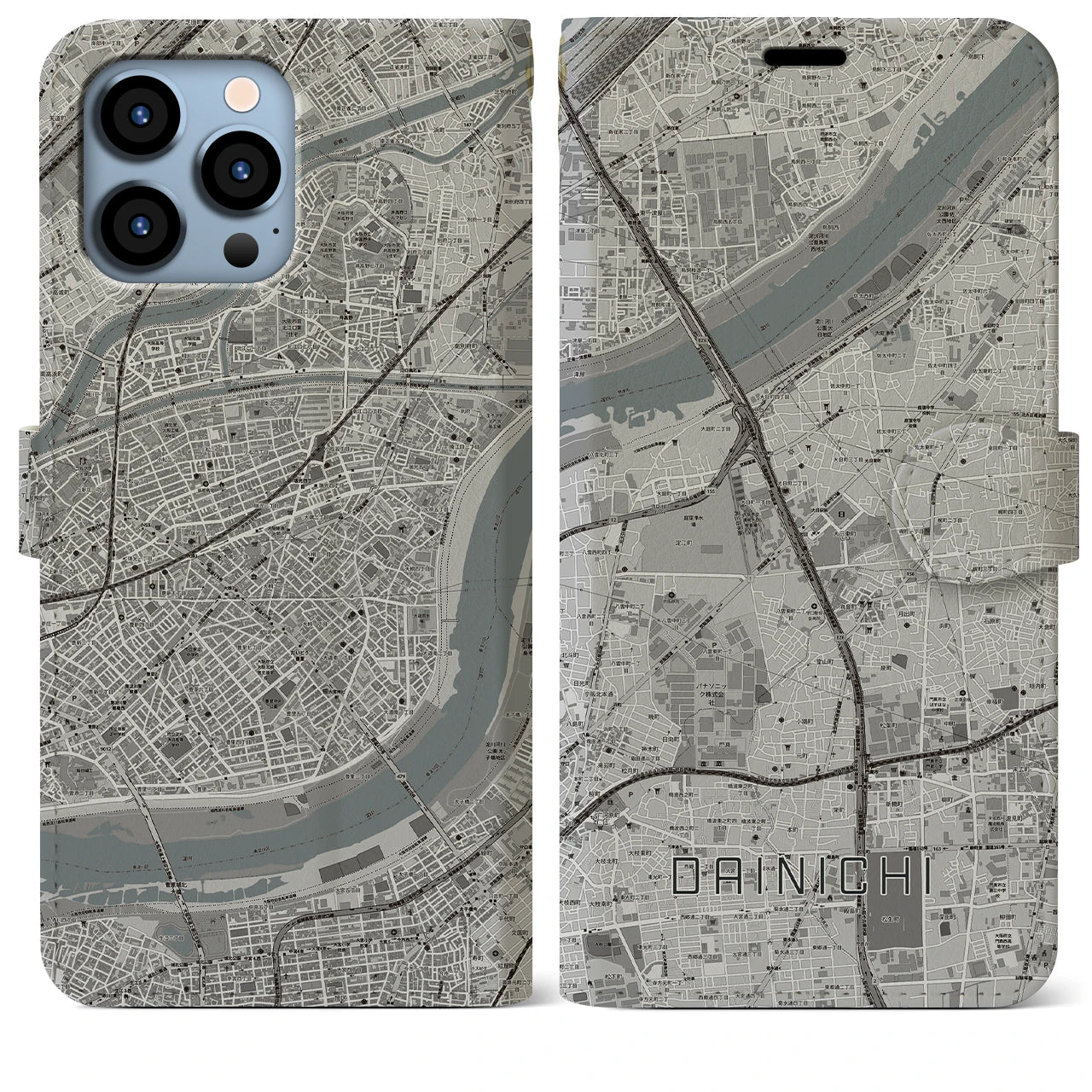 【大日】地図柄iPhoneケース（手帳両面タイプ・モノトーン）iPhone 13 Pro Max 用