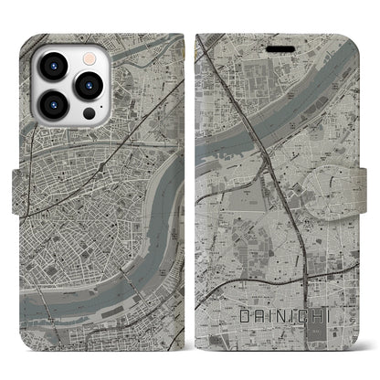 【大日（大阪府）】地図柄iPhoneケース（手帳タイプ）モノトーン・iPhone 13 Pro 用