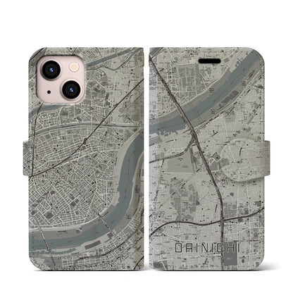 【大日（大阪府）】地図柄iPhoneケース（手帳タイプ）モノトーン・iPhone 13 mini 用