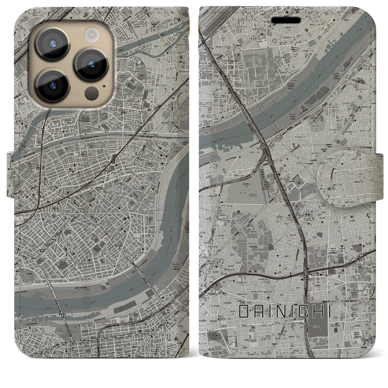 【大日】地図柄iPhoneケース（手帳両面タイプ・モノトーン）iPhone 14 Pro Max 用