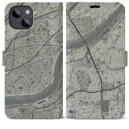 【大日（大阪府）】地図柄iPhoneケース（手帳タイプ）モノトーン・iPhone 14 Plus 用