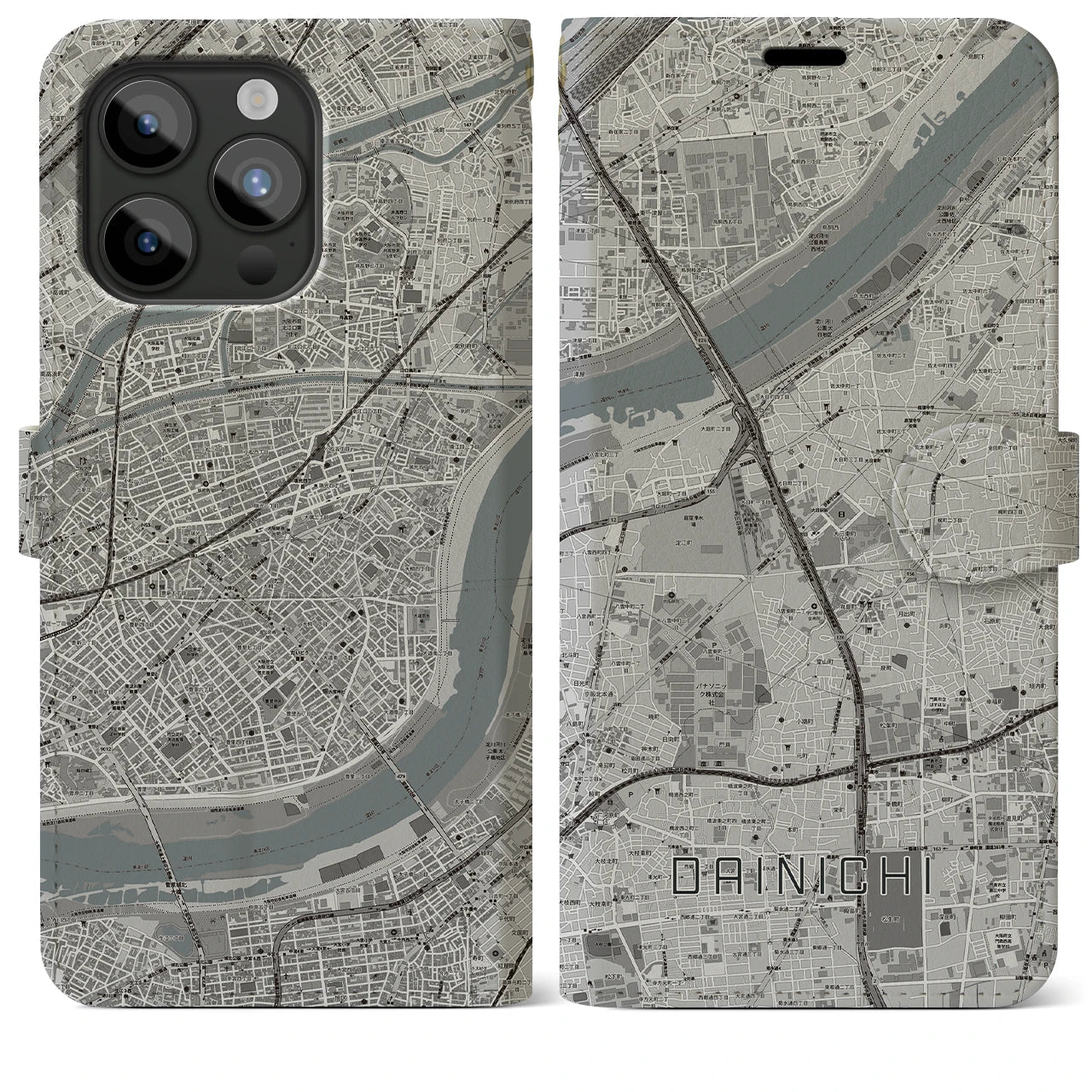 【大日】地図柄iPhoneケース（手帳両面タイプ・モノトーン）iPhone 15 Pro Max 用