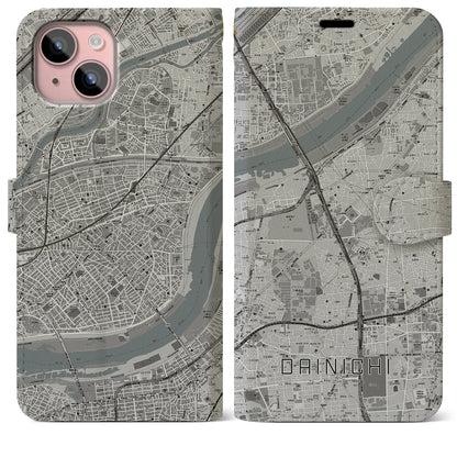 【大日（大阪府）】地図柄iPhoneケース（手帳タイプ）モノトーン・iPhone 15 Plus 用