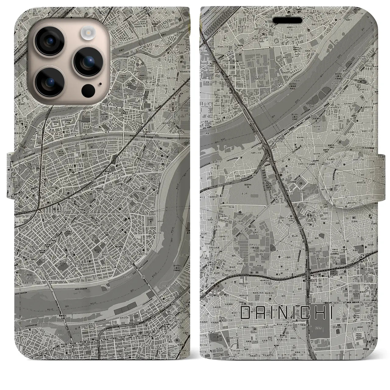 【大日（大阪府）】地図柄iPhoneケース（手帳タイプ）モノトーン・iPhone 16 Plus 用