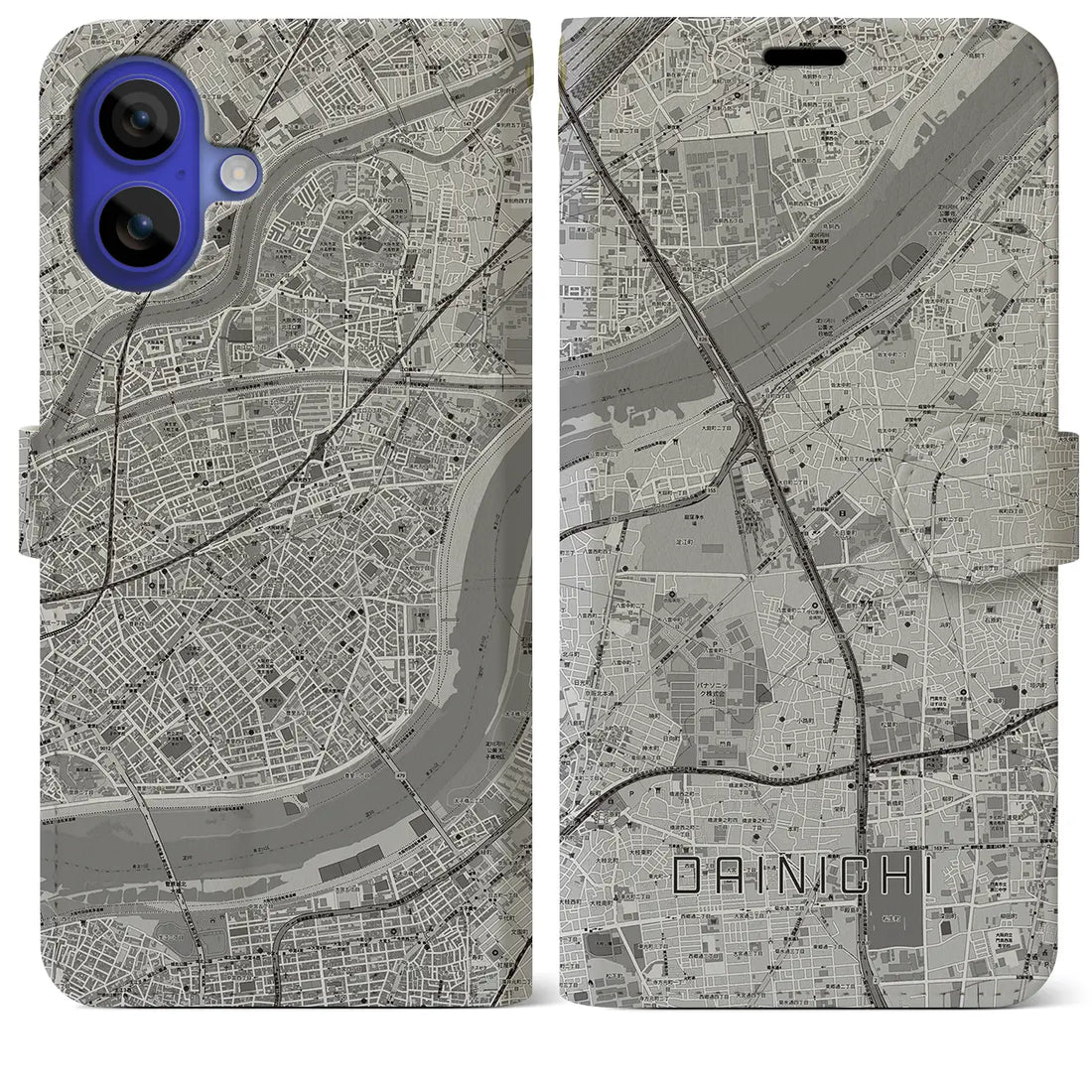 【大日(大阪府)】地図柄iPhoneケース(手帳タイプ)モノトーン・iPhone 16 Pro Max 用