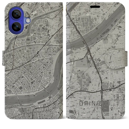 【大日（大阪府）】地図柄iPhoneケース（手帳タイプ）モノトーン・iPhone 16 Pro Max 用