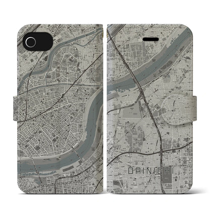 【大日（大阪府）】地図柄iPhoneケース（手帳タイプ）モノトーン・iPhone SE（第3 / 第2世代） / 8 / 7 / 6s / 6 用