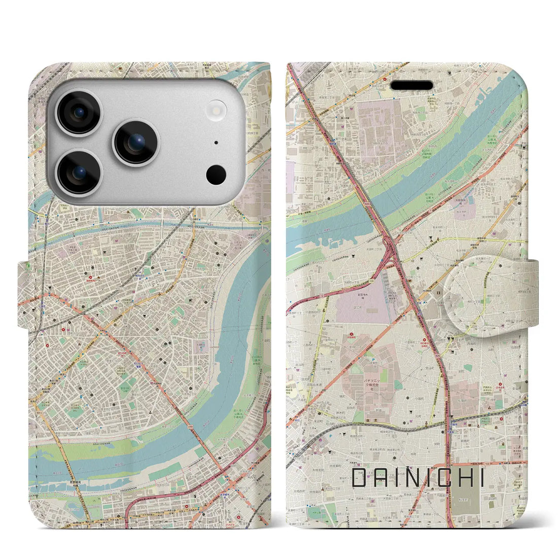 【大日（大阪府）】地図柄iPhoneケース（手帳タイプ）モノトーン・iPhone 17 Pro Max 用