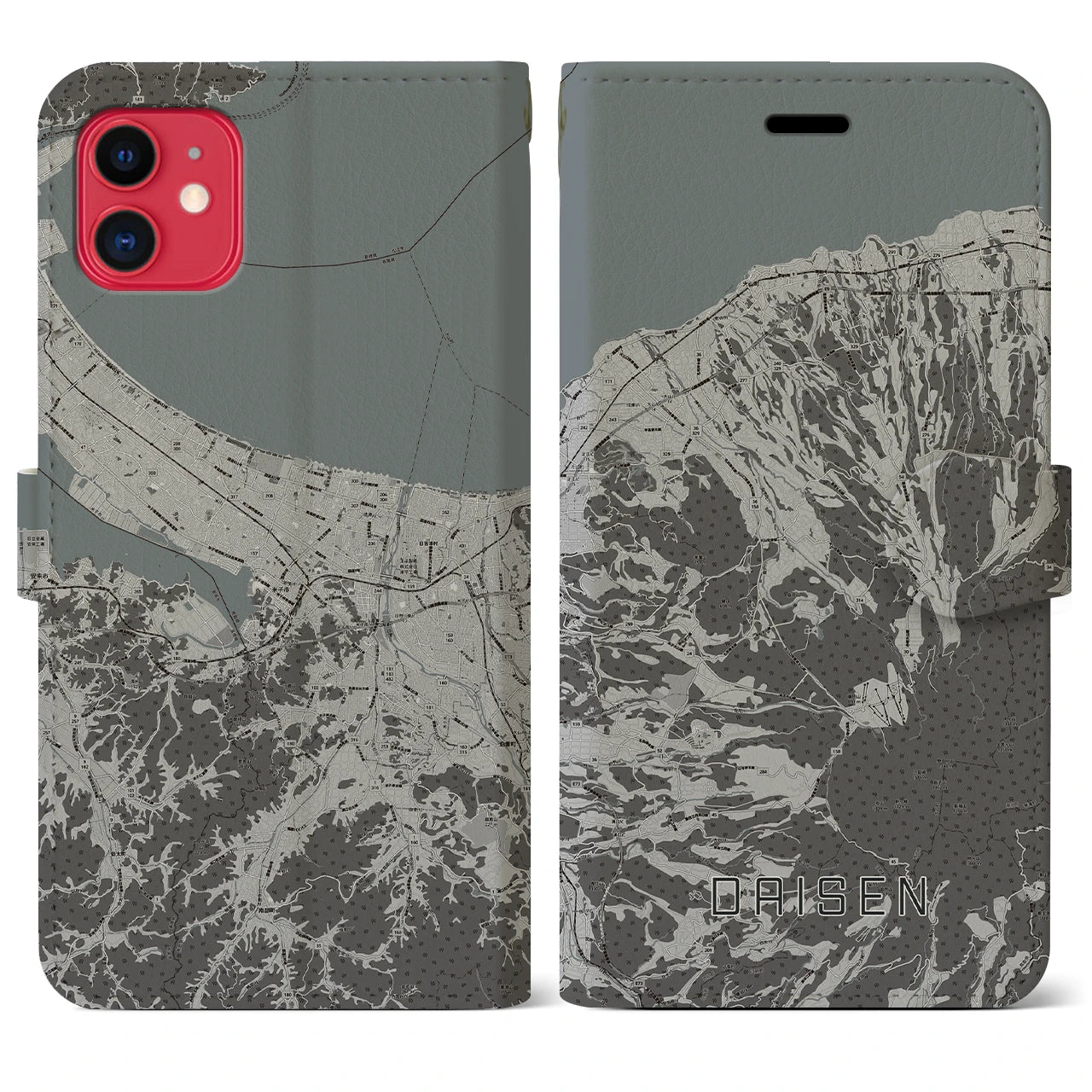【大山】地図柄iPhoneケース（手帳両面タイプ・モノトーン）iPhone 11 用