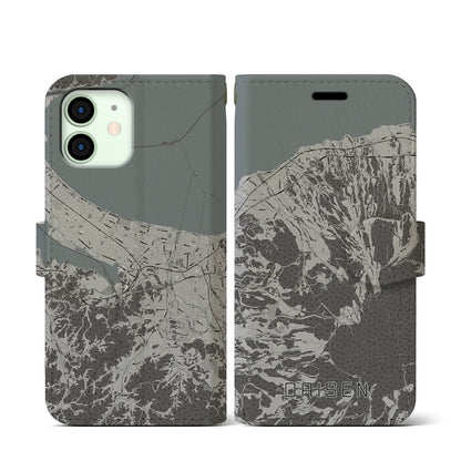 【大山（鳥取県）】地図柄iPhoneケース（手帳タイプ）モノトーン・iPhone 12 mini 用