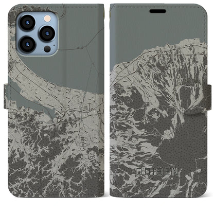 【大山（鳥取県）】地図柄iPhoneケース（手帳タイプ）モノトーン・iPhone 13 Pro Max 用