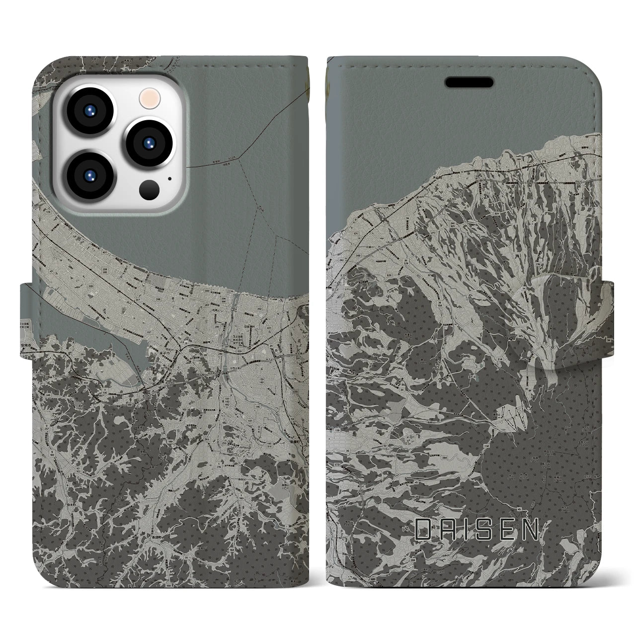 【大山】地図柄iPhoneケース（手帳両面タイプ・モノトーン）iPhone 13 Pro 用