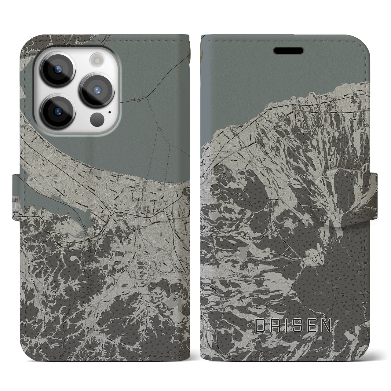 【大山】地図柄iPhoneケース（手帳両面タイプ・モノトーン）iPhone 14 Pro 用