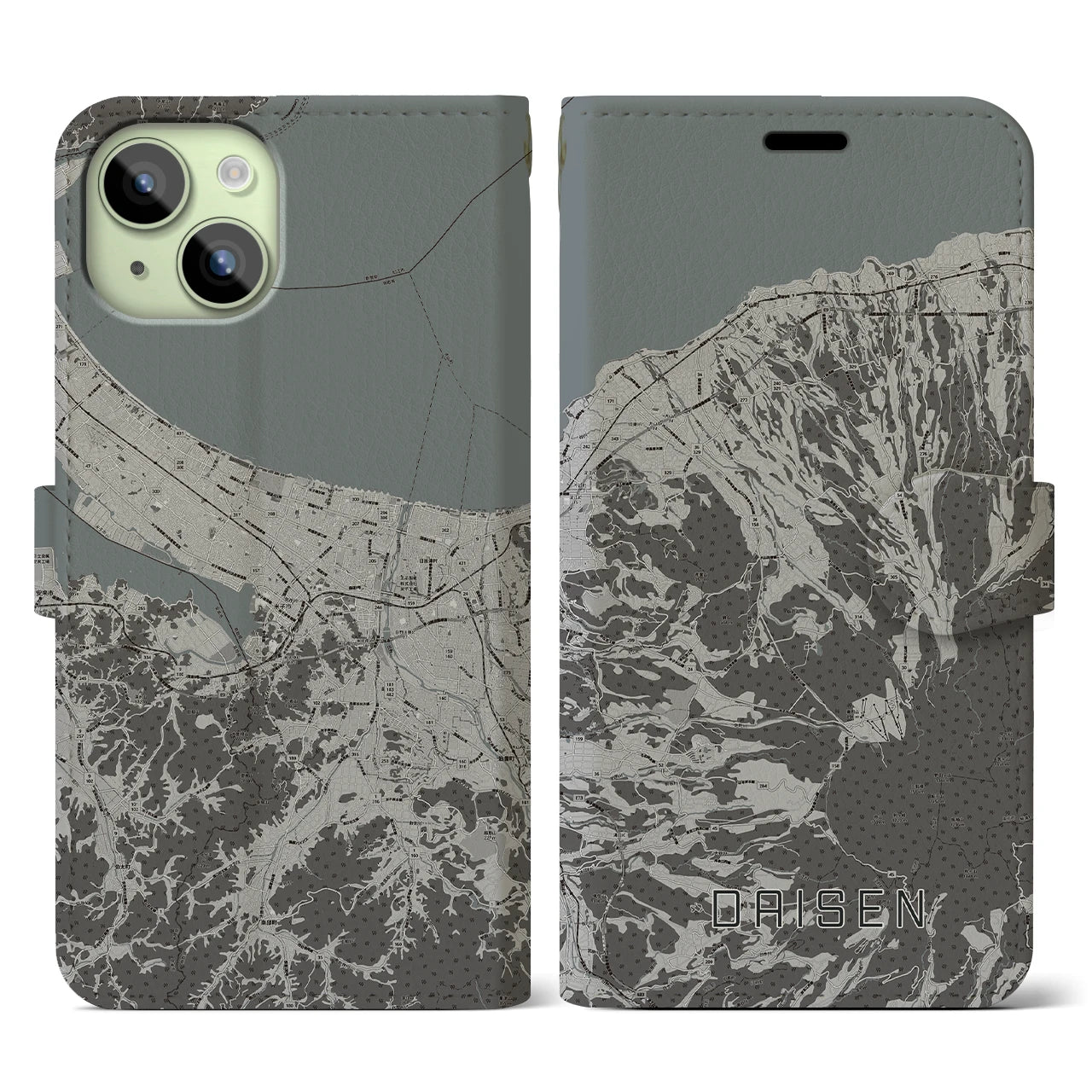 【大山】地図柄iPhoneケース（手帳両面タイプ・モノトーン）iPhone 15 用