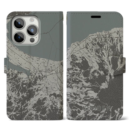 【大山（鳥取県）】地図柄iPhoneケース（手帳タイプ）モノトーン・iPhone 15 Pro 用