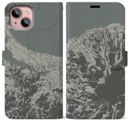 【大山（鳥取県）】地図柄iPhoneケース（手帳タイプ）モノトーン・iPhone 15 Plus 用