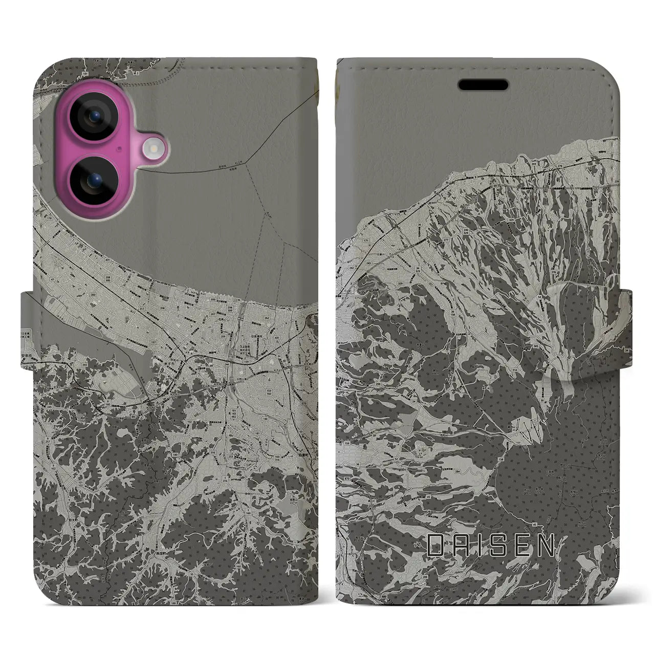 【大山（鳥取県）】地図柄iPhoneケース（手帳タイプ）モノトーン・iPhone 16 Pro 用