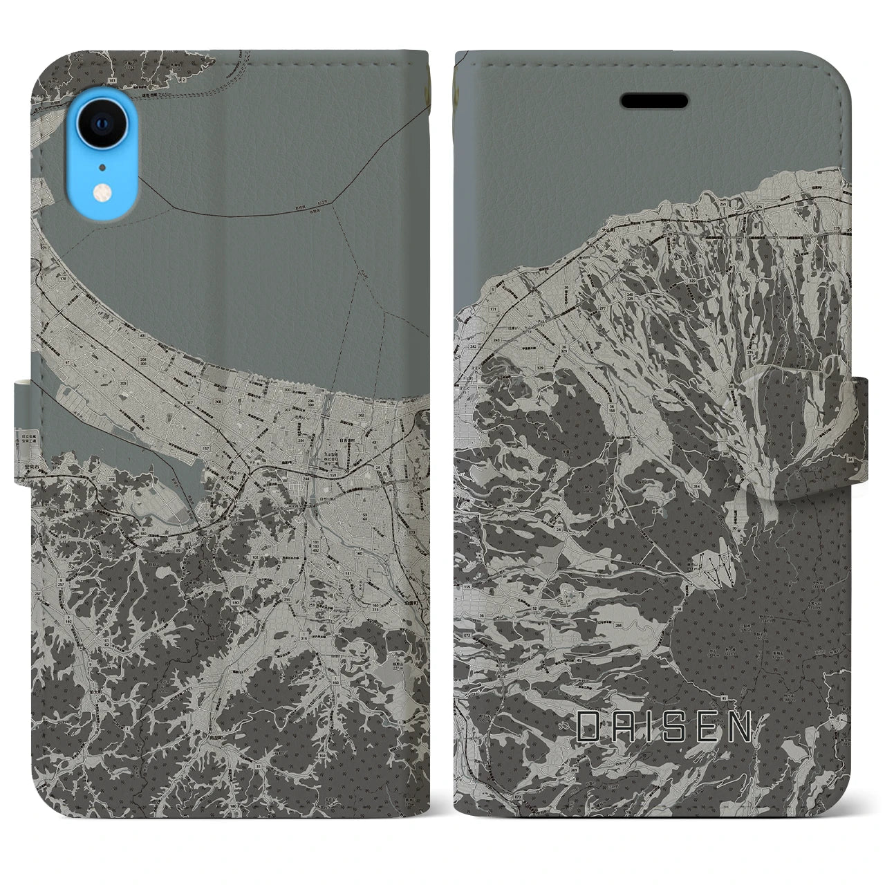 【大山】地図柄iPhoneケース（手帳両面タイプ・モノトーン）iPhone XR 用