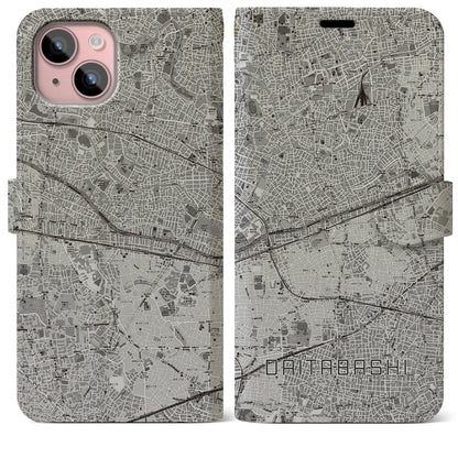 【代田橋（東京都）】地図柄iPhoneケース（手帳タイプ）モノトーン・iPhone 15 Plus 用