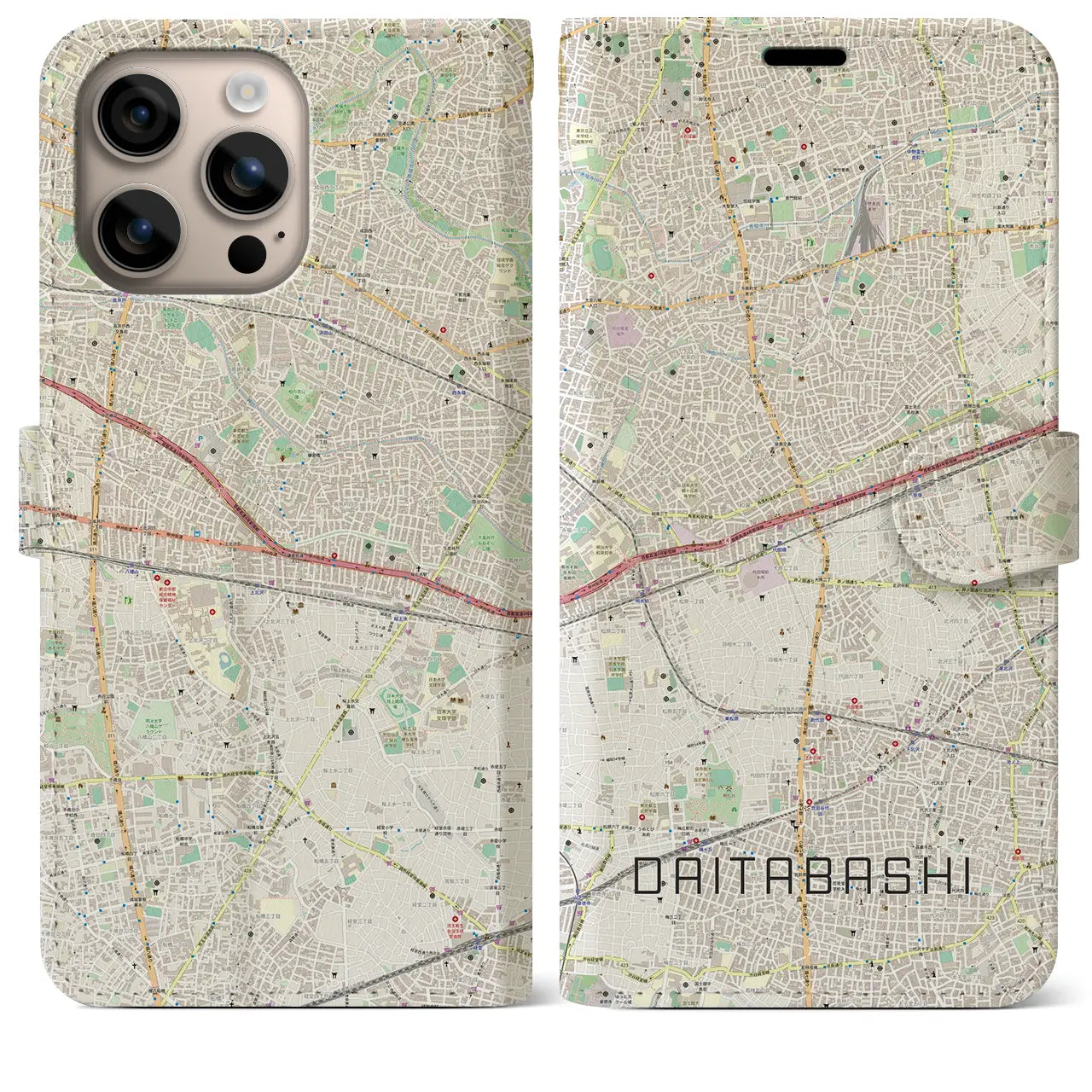 【代田橋（東京都）】地図柄iPhoneケース（手帳タイプ）ナチュラル・iPhone 16 Plus 用