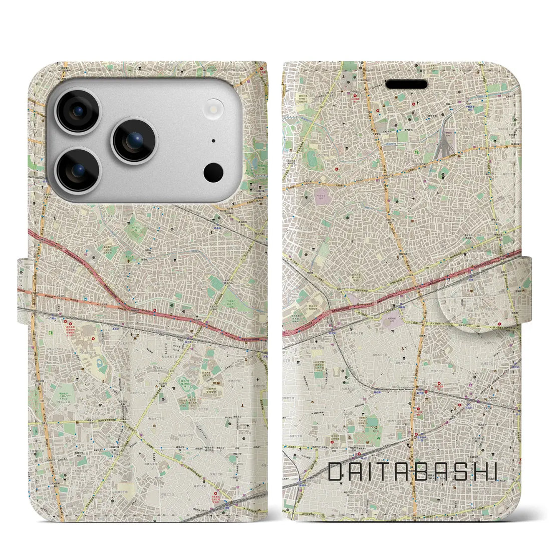 【代田橋（東京都）】地図柄iPhoneケース（手帳タイプ）ナチュラル・iPhone 17 Pro Max 用