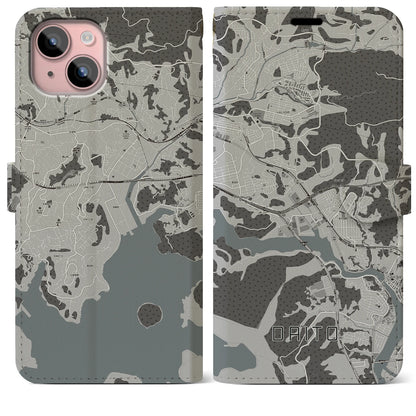 【大塔（長崎県）】地図柄iPhoneケース（手帳タイプ）モノトーン・iPhone 15 Plus 用