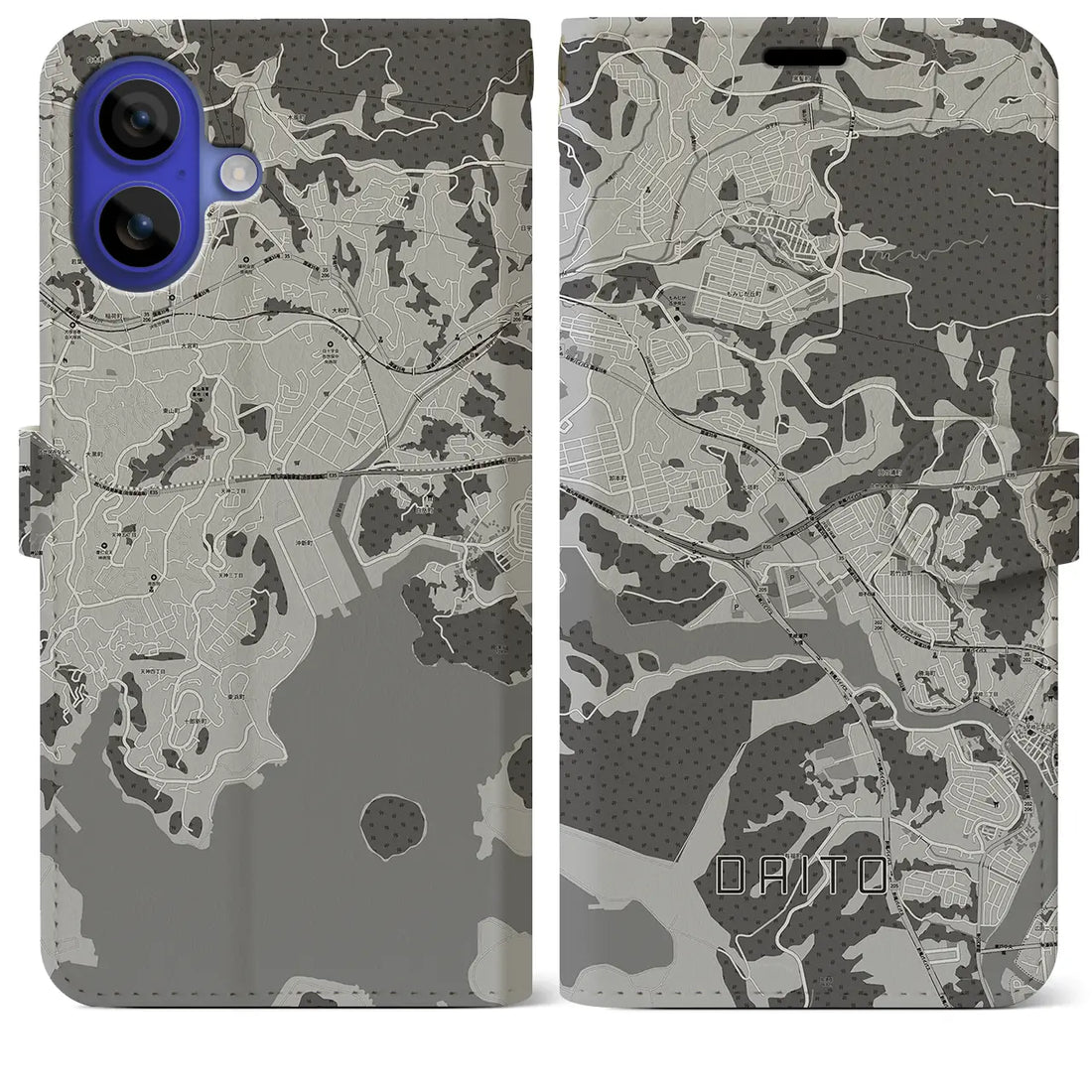 【大塔(長崎県)】地図柄iPhoneケース(手帳タイプ)モノトーン・iPhone 16 Pro Max 用